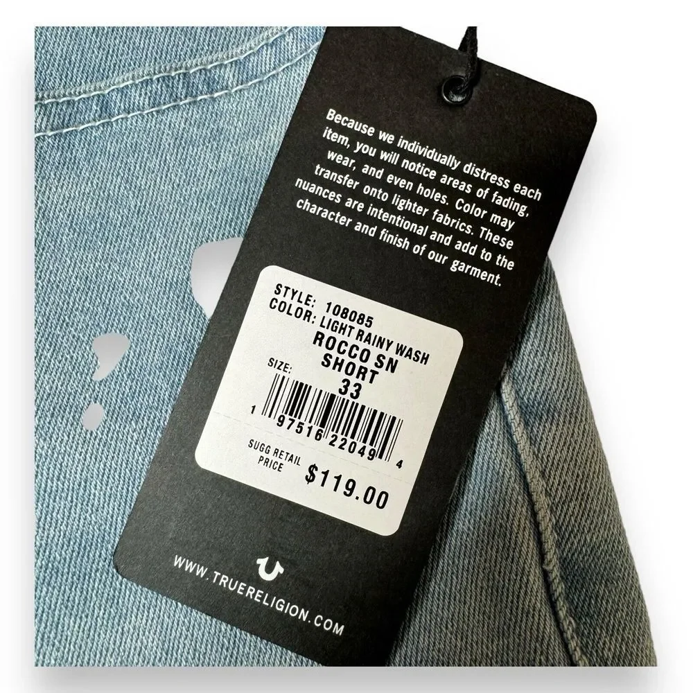 Mens True Religion Rocco Light Wash Relaxed Skinny Denim Shorts - 108085 Size 33